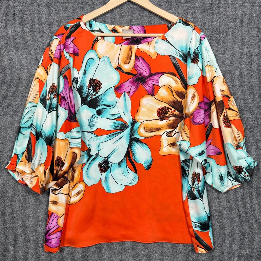 Chico's Sz 4 US XXL Blouse Orange Floral Tropical Iris Print Floral Bateau Neck